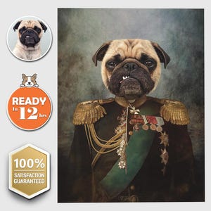 May include: A pug dog wearing a military uniform with gold trim and a green sash. The dog has a serious expression and is looking directly at the viewer. The background is a textured, brown canvas.