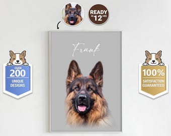 May include: A framed portrait of a German Shepherd dog with a gray background. The dog's name, "Frank", is written in cursive. The image includes a small portrait of the dog and badges that say "Over 200 Unique Designs" and "100% Satisfaction Guaranteed."