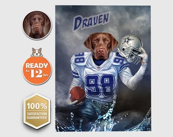 American Football Player Custom Pet Digital Portrait, Dallas City, Texas, Personalized Pet Portrait, Custom Dog Painting