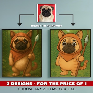Ewok Dog Portrait, Custom Star Wars Pet Art, Funny Pug Costume Poster, Personalized Dog Gift, Realistic & Cartoon Style Print