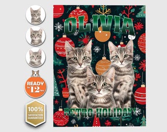 May include: A Christmas-themed illustration featuring three tabby cats with the name "Olivia" in green letters on a dark background with red and green ornaments.