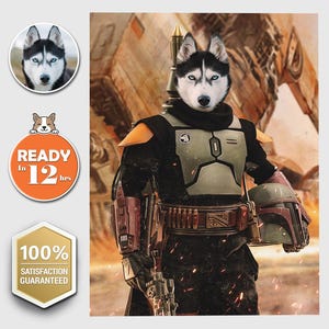 Boba Fett Star Wars Parody Custom Pet Digital Portrait, Personalized Pet Portrait, Pet Remembrance Gift, Custom Dog Painting, Pet Lover