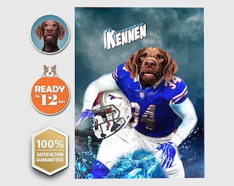 American Football Player Custom Pet Digital Portrait, Buffalo City, New York State, Personalized Pet Portrait, Custom Dog Painting