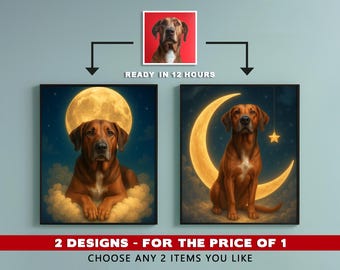 Retrato personalizado de perro bajo la luna: lámina artística de mascotas con un toque de fantasía (descarga digital, 12 x 18 pulgadas JPG).