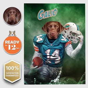 May include: A brown Labrador Retriever wearing a blue and white football uniform with the number 14 on it. The dog is holding a football and a helmet with the word "GALIO" on it. The background is green and blurry.