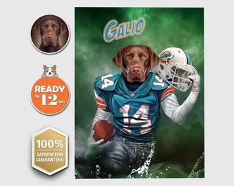 American Football Player Custom Pet Digital Portrait, Miami City, Florida, Personalized Pet Portrait, Custom Dog Painting