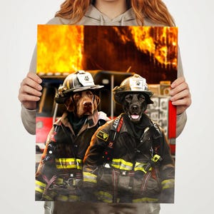 May include: A print featuring two dogs dressed as firefighters, set against a backdrop of flames and a fire truck. One dog is brown, the other is black, both wearing helmets and firefighter gear. The image has a digital art style.