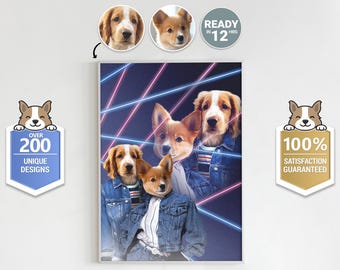 May include: A framed print featuring a group of dogs with their faces superimposed on human bodies, wearing denim jackets and striped shirts. The background has neon pink and blue lines. The image includes text that says "Over 200 Unique Designs" and "100% Satisfaction Guaranteed."