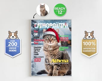 Custom Christmas Cat Portrait from Photo, Holiday Magazine Cover Cat Digital Download, Funny Festive Cat Art, Personalized Cat Lover Gift
