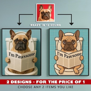 Funny Dog Bathroom Art, Custom Pet Portrait on Toilet, French Bulldog Wall Art, Personalized Dog Gift, Cartoon & Realistic Style