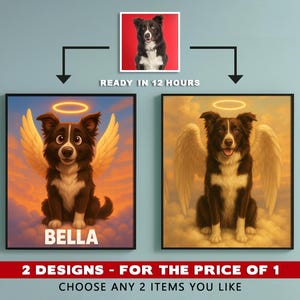 Ritratto di cane angelo in stile Pixar, opera d'arte commemorativa personalizzata per animali domestici, cane con ali e aureola, regalo personalizzato per la perdita di un animale domestico, simpatica stampa tributo