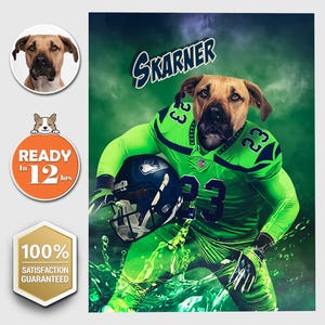 American Football Player Custom Pet Digital Portrait, Seattle City, Washington State, Personalized Pet Portrait, Custom Dog Painting