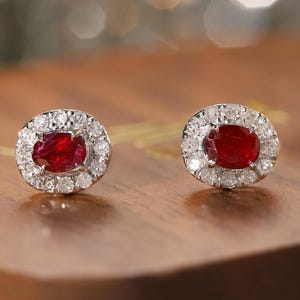 PT850 Platinum Ruby Earrings, 0.40ct Natural Ruby & Diamond Earrings, 6X7mm Dainty July Birthstone, Anniversary Gift for Her