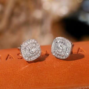 Vintage Diamond Stud Earrings - Full Diamond Stud Earrings, 18K Solid Gold Diamond Stud Earrings, Birthday Gift for Her