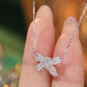 Bow Diamond Necklace - 18K Solid Gold Full Diamond Bow Charm Necklace, Bow Baguette Diamond Pendant, Wedding Engagement Necklace