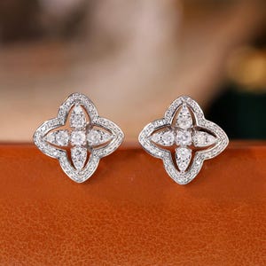 Diamond Clover Earrings, 18K Solid Gold Real Diamond Lucky Clover Stud Earrings, Four Leaf Flower Earrings
