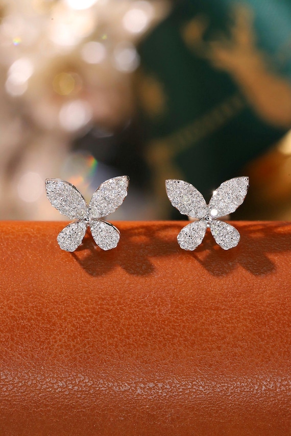 Butterfly Full Diamond Stud Earrings - 18K Solid Gold Diamond 