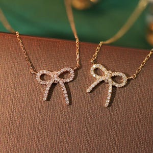 Bow Pendant Necklace - 18K Solid Gold Diamond Bow Pendant Necklace, Dainty Bow Pendant Necklace, Bridesmaid Necklace
