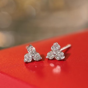 Three Leaf Clover Diamond Stud Earrings - 18K Solid Gold Full Diamond Clover Stud Earrings, Flower Earrings