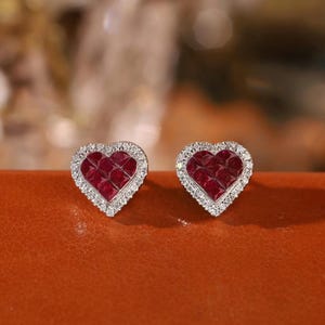 Classic Ruby Heart Earrings - 18K Solid Gold Real Ruby Diamond Heart Stud Earrings, Ruby Diamond Earrings, Wedding Earrings