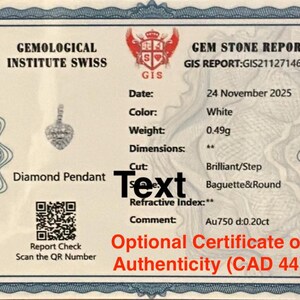 Pu&ograve; includere: Un rapporto sulle pietre preziose del Gemological Institute Swiss per un ciondolo di diamante. Il documento presenta un bordo decorativo blu, un codice QR e dettagli stampati tra cui la data 24 novembre 2025, un peso di 0,49g e un taglio brillante/a gradini.