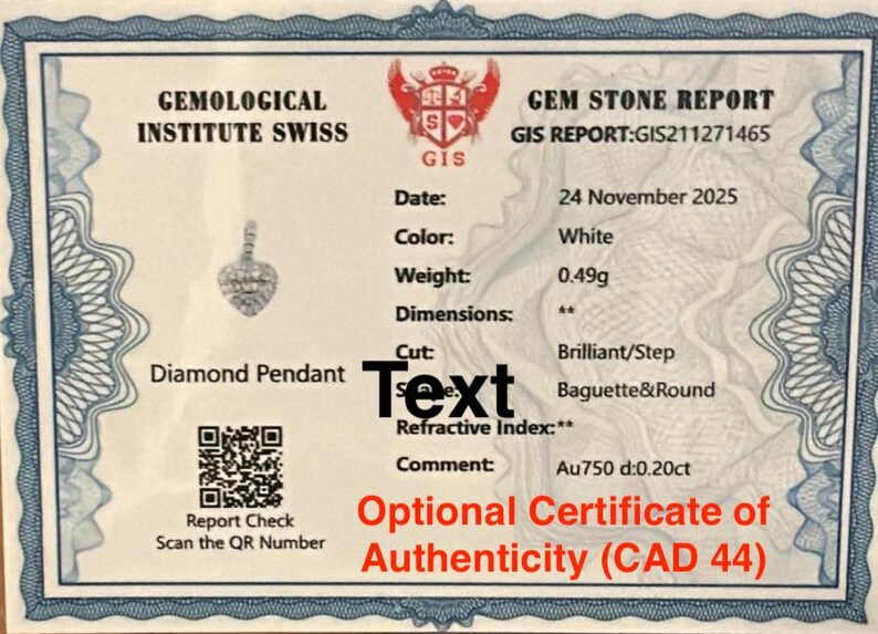 Pu&ograve; includere: Un rapporto sulle pietre preziose del Gemological Institute Swiss per un ciondolo di diamante. Il documento presenta un bordo decorativo blu, un codice QR e dettagli stampati tra cui la data 24 novembre 2025, un peso di 0,49g e un taglio brillante/a gradini.