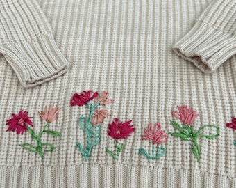 Embroidered baby sweater, sample, size 3month, cozy, colorful, spring time colors, flowers, uniquely made,  limited one of a kind, baby gift