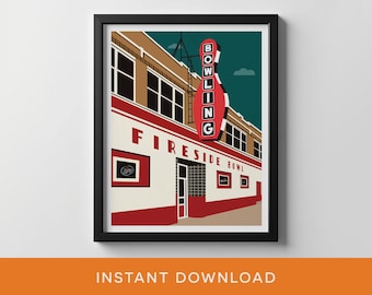 Fireside Bowl poster Chicago, retro punkrocklocatie, vintage bowlingbaan print, Chicago muziekscène wanddecoratie (bundel direct downloaden)