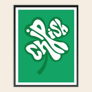 May include: A framed print featuring a white cloverleaf design with the word "Irish" in a stylized font. The clover is set against a vibrant green background, with a black frame. The artwork is a festive celebration of Irish culture.