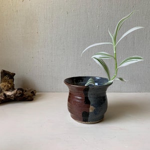 May include: A small, hand-thrown ceramic vase with a brown and blue glaze. The vase has a rounded body and a flared lip. A single green and white plant is in the vase.