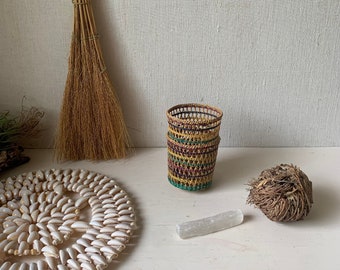 Vintage Woven Basket Cups - Tumbler Wrap Pair - Basket Cache Pots - Natural Home - Seagrass Muted Colors - Colorful Baskets