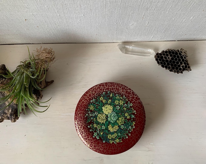 Vintage Floral Tin - Daher Moody Flower Tin - Red Flowers - Flower Pattern Cylinder - Round Tea Tin - Printed Flower Pattern 60s 70s