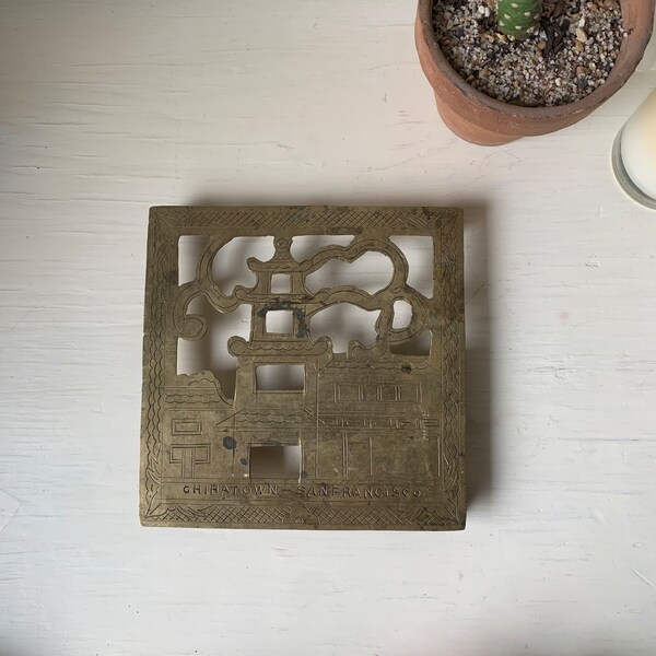 Vintage Brass Trivet Chinatown San Francisco - Gold Tone Planter Riser Display - Footed Wooden Platform