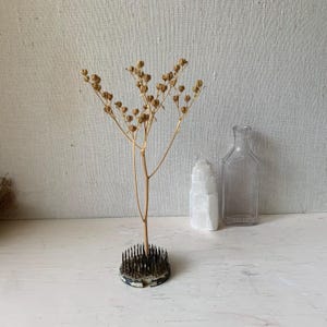 May include: A dried flower arrangement with a vintage flower frog, a clear glass bottle, and a white crystal. The flower arrangement has a light brown stem and small seed pods. The flower frog is round and has metal pins.