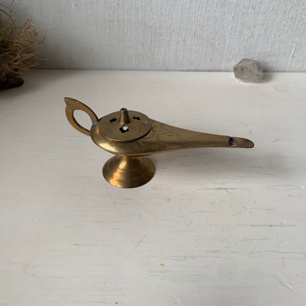 Vintage Brass Incense Burner Genie Lamp - Gold Tone Lamp - Ritual Object - Alladin’s Lamp - Etched Brass