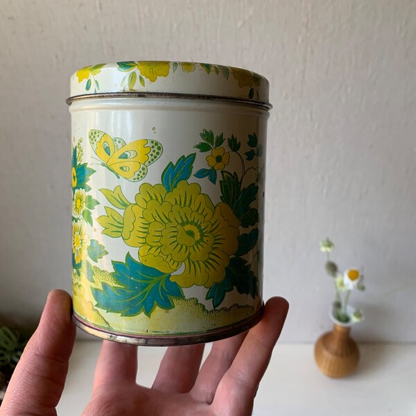 Vintage Floral Tin - Printed Tea Tin - Butterflies Floral Bostons Ginseng Tea - Faded Green Tea Tin - Stash Box