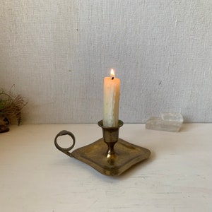 Vintage Brass Chamberstick - Square Base Gold Tone Candle Holder - Drip Catch Taper Candles  - Brass Candle Holders