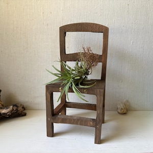 Vintage Wood Mini Chair - Dark Wood Seat Primitive Rustic Simple Wooden Chair Plant Stand