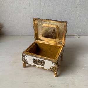 Vintage Baroque Style Trinket Box 1960s  - Ornate Jewelry Music Box with Bucolic Couple - Metal Box Made in Japan - Love Theme Henry Mancini