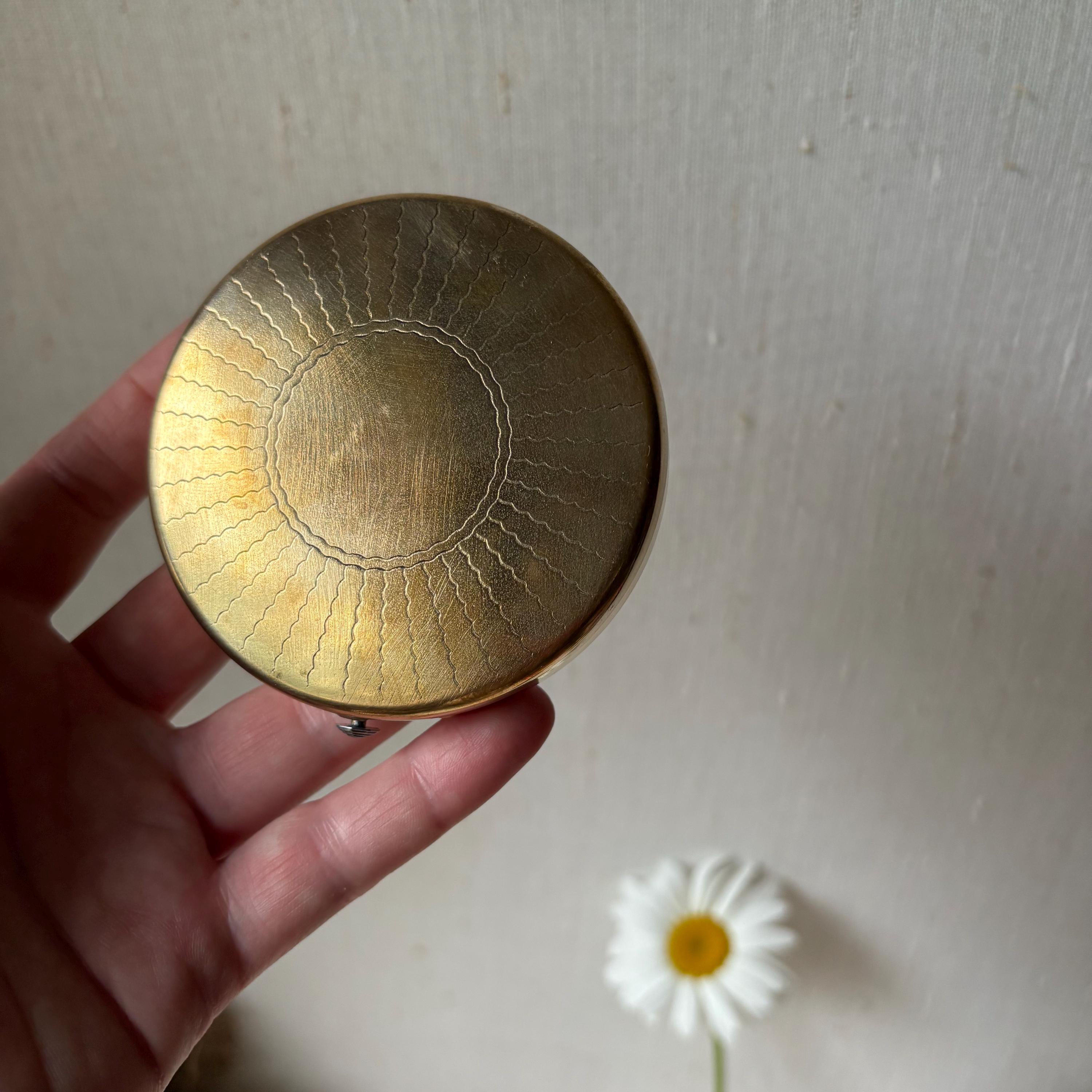Vintage Sun Motif Gold Compact - Deco Mirror Compact - Golden Pocket Mirror Pill Box - Makeup Powder Compact
