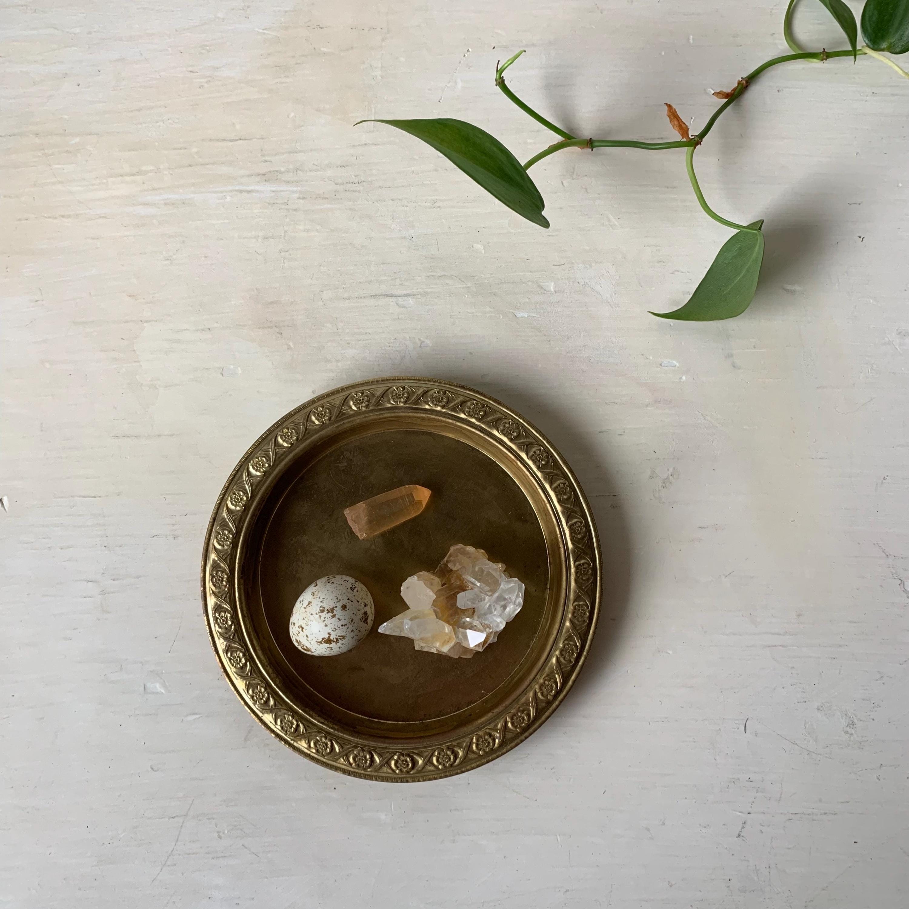 Vintage Brass Dish with Embossed Flowers on Rim - Floral Gold Tone Plate - Golden Catchall Floral Incense Tray