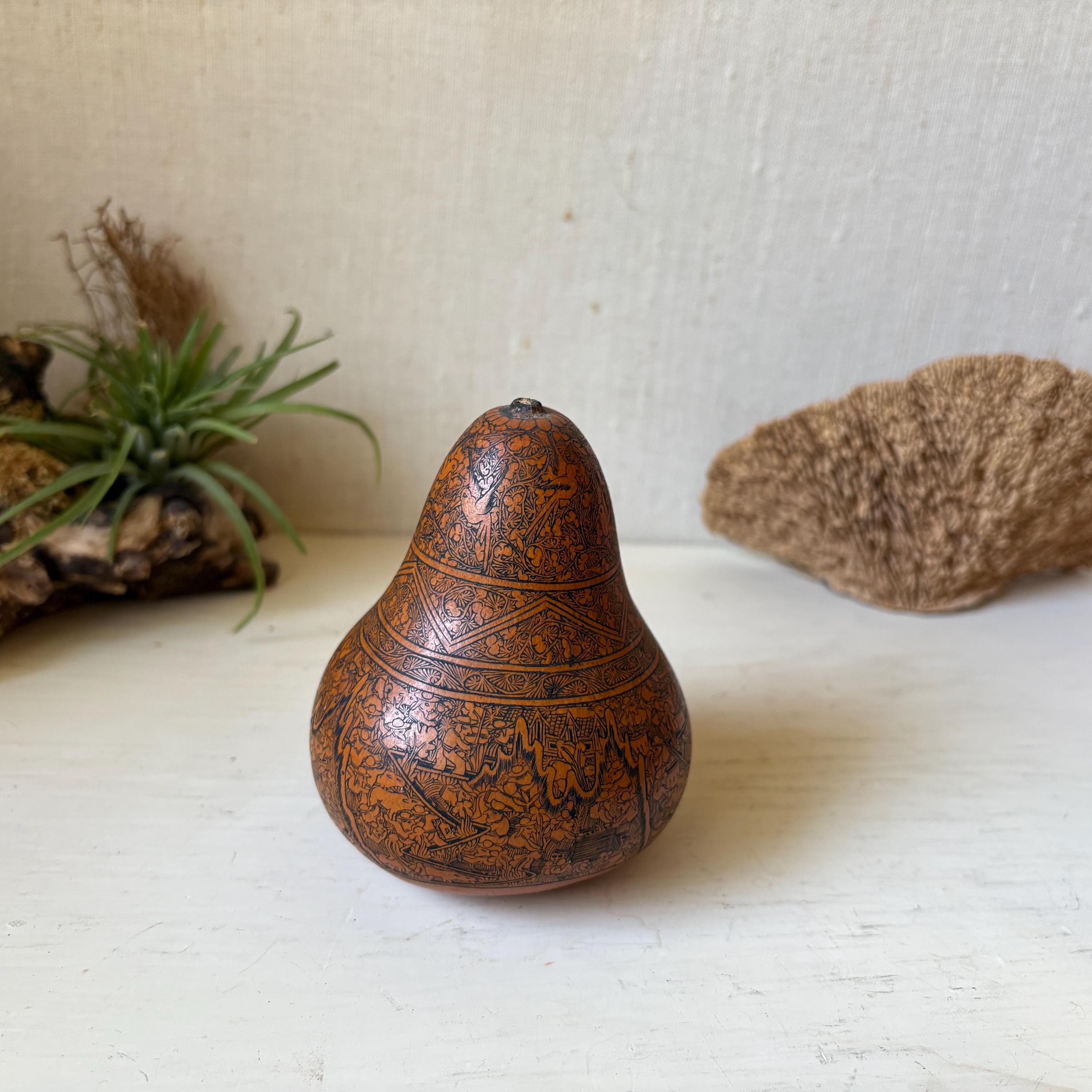 Vintage Folk Art Gourd - Peruvian Carved Gourd