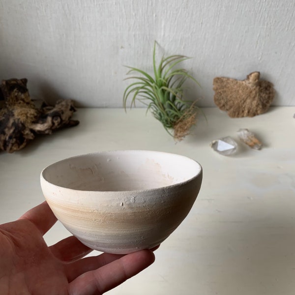 Vintage Unglazed Clay Bowl - Neutral Ceramic Bowl - Pale Colors Neutral Textured Pottery - Pale Brown Stripe