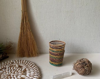 Vintage Woven Basket Cups - Tumbler Wrap Pair - Basket Cache Pots - Natural Home - Seagrass Muted Colors - Colorful Baskets