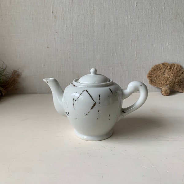 Vintage Porcelain 8 oz Teapot with Worn Gold Pattern - Drinking Chocolate Tea Pot