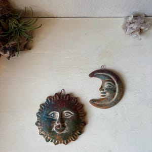 Vintage Clay Sun and Moon Wall Plaques - Terra Cotta Colorful Wall Mount Celestial Art