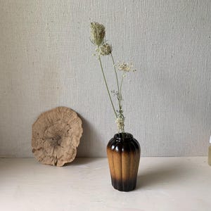 Vintage Fluted Mid Century Vase Two Tone Brown Ceramic - Squash Shape Speckled Made in USA Pottery - Small Ridged Ceramics
