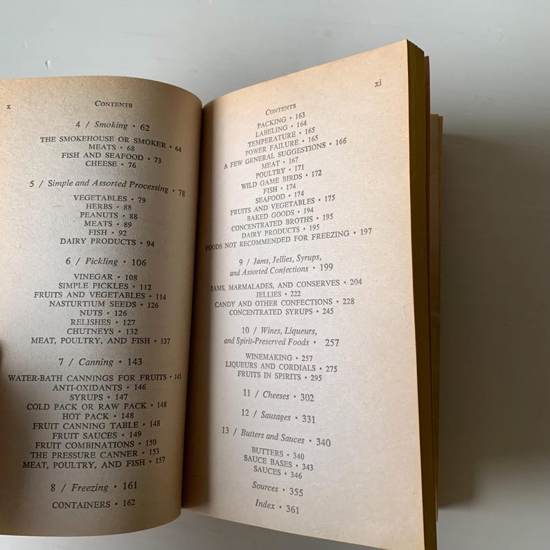 May include: A book with a tan cover and black text. The book is titled "Contents" and lists different food preservation methods, including smoking, pickling, canning, and freezing.