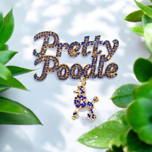 May include: A gold brooch spelling "Pretty Poodle" in a script font, decorated with blue and gold rhinestones. A poodle charm, similarly embellished, dangles below. The brooch is set against a white backdrop with green leaves.