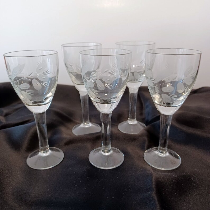 1960s APERITIF Glasses/ Cordial Glasses/ Vintage Aperitif Etched Glassware / Set of 5 1960s
